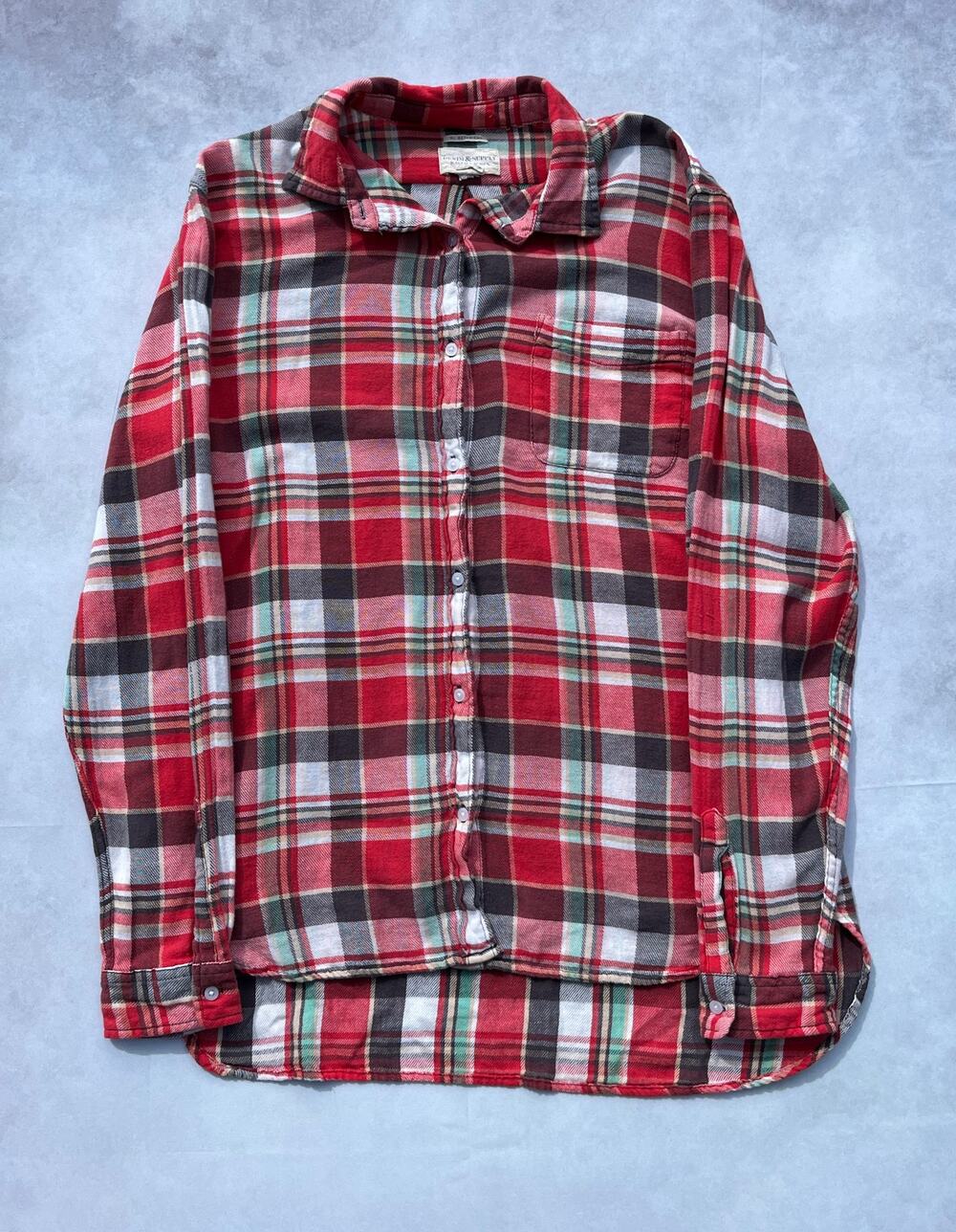 Denim & Supply Ralph Lauren Red Plaid Boyfriend Flannel Button Up Shirt Sz XL 🌲